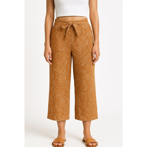 Boho Beach Pants Size 32 Paisley Print Wide Leg Brown Rust Lightweight Tie Waist - Picture 1 of 11